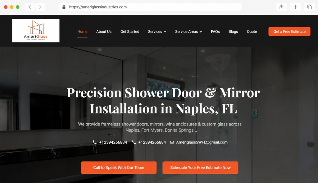 AmeriGlass Industries homepage showcasing custom glass solutions, shower doors, and commercial glazing services.