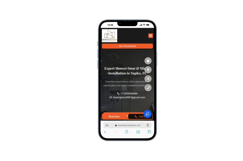 AmeriGlass Industries mobile view showcasing custom glass solutions and modern website navigation.