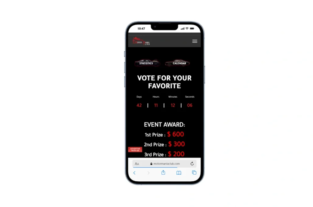 Motor Mania Club mobile view showcasing car events, memberships, and responsive navigation.