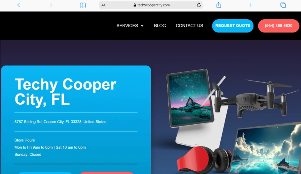 Techy Cooper City, FL homepage showcasing device repair services and customer support