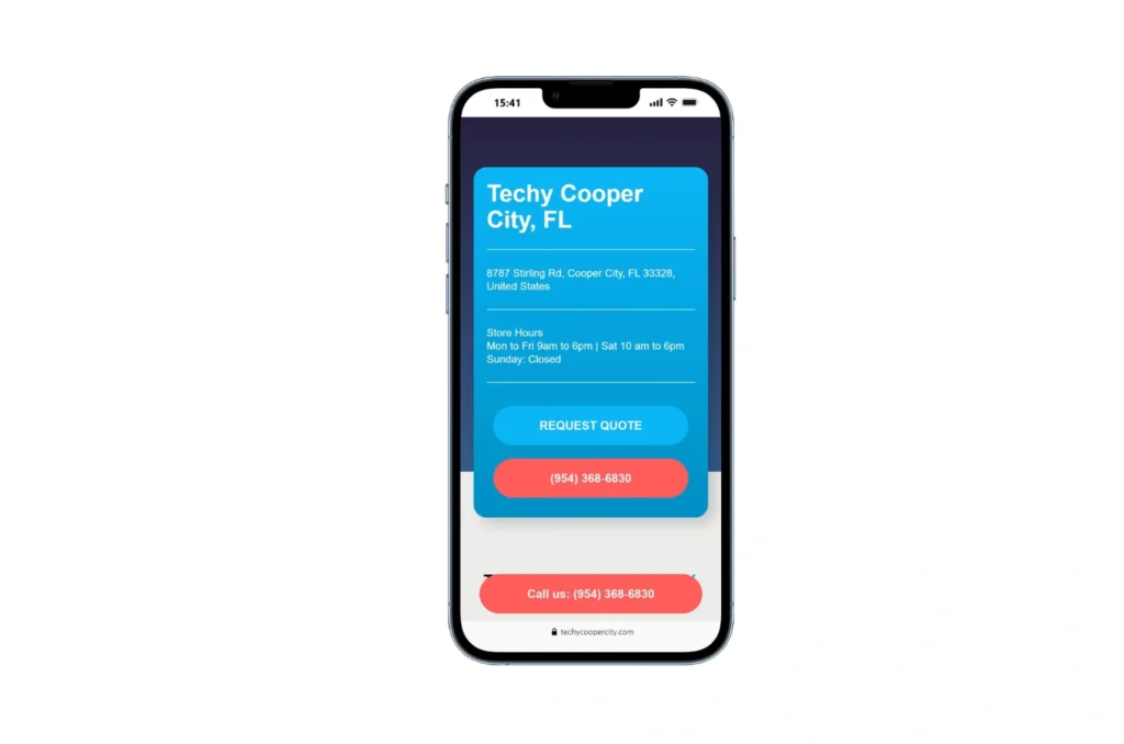 Techy Cooper City, FL mobile view showcasing device repair services and navigation