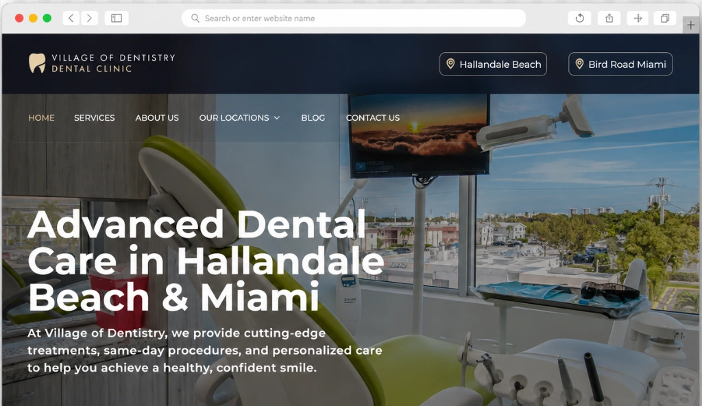 Village of Dentistry homepage showcasing cosmetic, restorative, and family dental services with online appointment booking.