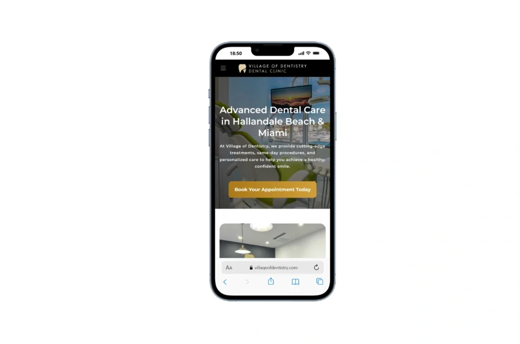 Village of Dentistry mobile view showcasing dental services and responsive website navigation.