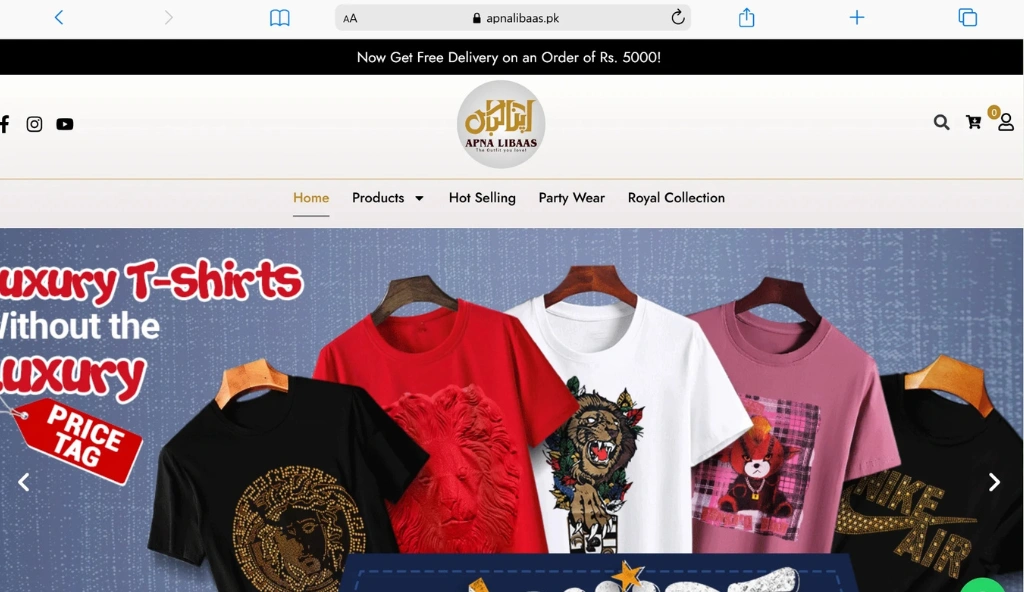 Apna Libaas homepage showcasing premium men's fashion, tracksuits, jackets, and casual wear collections.