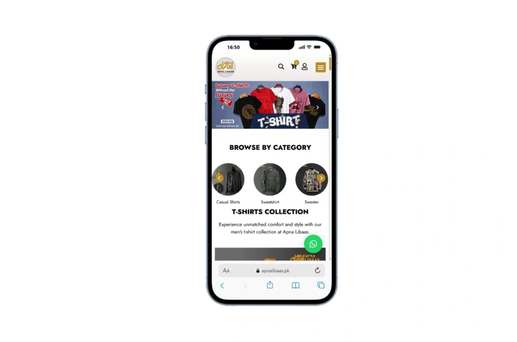 Apna Libaas mobile view showcasing premium men's fashion collections and responsive shopping experience.