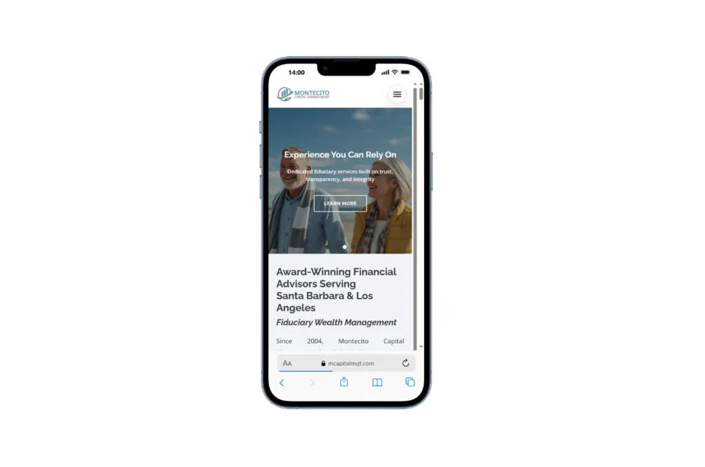Montecito Capital mobile view showcasing investment services and responsive website design.