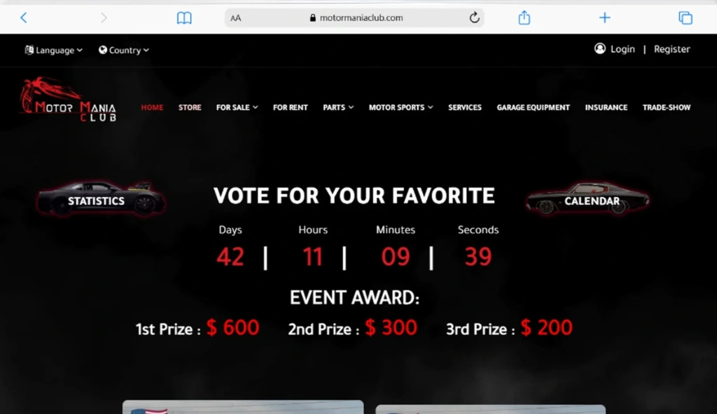 Motor Mania Club homepage showcasing car events, memberships, and automotive community services.