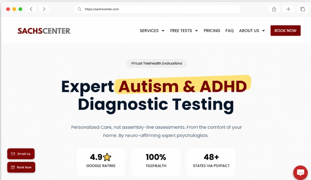 Sachs Center homepage showcasing ADHD, autism, and mental health services with online consultation options.
