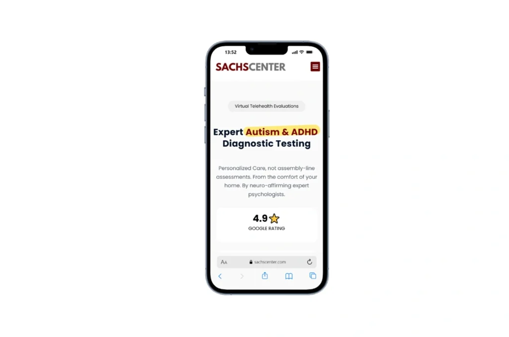 Sachs Center mobile view showcasing ADHD, autism, and mental health services with responsive website design.
